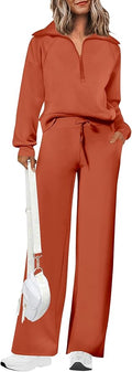 PRETTYGARDEN Women's 2 Piece Outfits Casual Lapel Half Zip Sweatshirts and Wide Leg Pants Tracksuit Sets