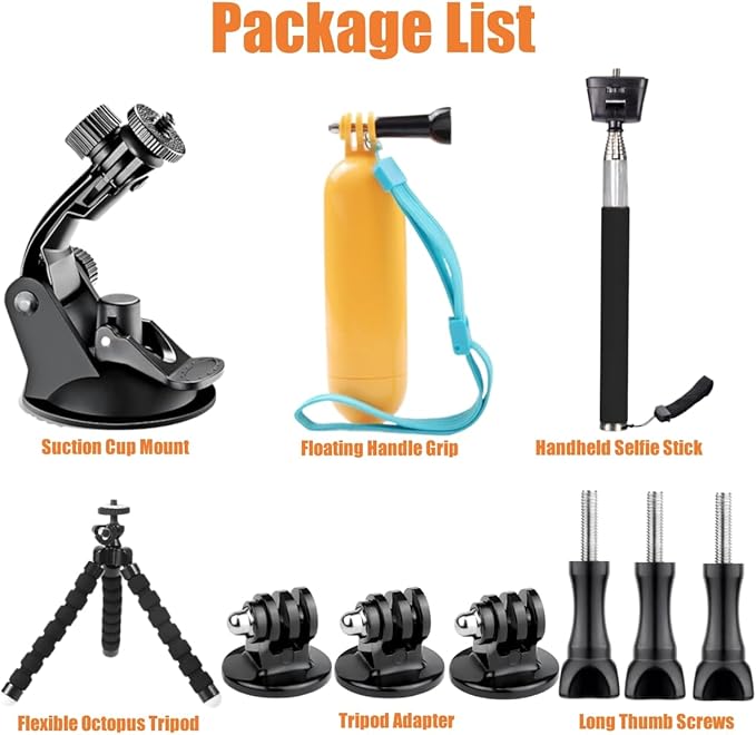 Accessories Kit for Action Camera, Handheld Selfie Stick + Suction Cup Mount + Floating Handle Grip + Flexible Octopus Tripod, Universal Action Camera Bundle for Recording VLOG/POV