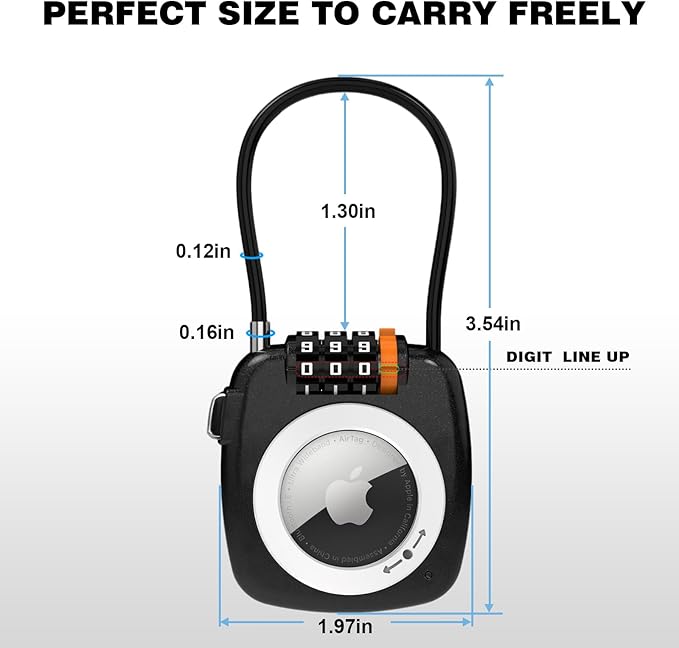 Airtag Keychain Holder with 3 Digit Combination Lock for Luggage, Suitcase, Backpack, Lockers, Travel Luggage Locks, Resettable Cable Lock with Zinc Alloy Body (Gray)
