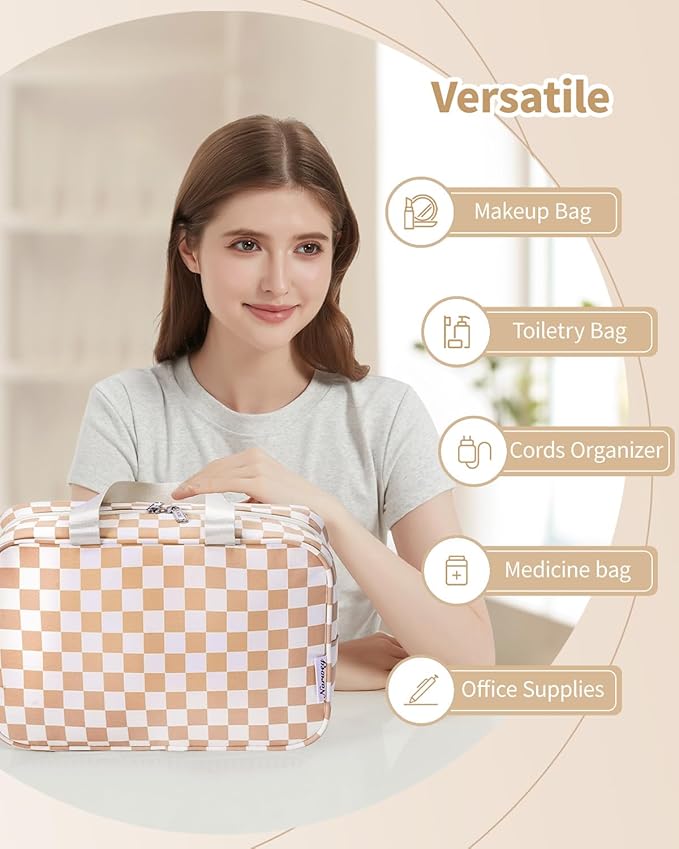 Narwey Large Travel Toiletry Bag Women, Checkered Makeup Bag with Handle, Portable Make up Cosmetic bag Organizer, Travel Bag for Toiletries, Skincare, Medicine, Essentials (Light Checkerboard, Large)