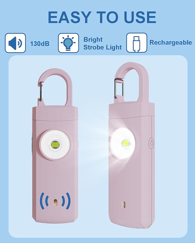 Rechargeable Personal Safety Alarm for Women, Loud Siren Birdie Sound, Strobe SOS LED Light, USB Charging, Be Safe with Personal Alarm Self Defense Keychain for Wife, Daughter, Student (PINK)