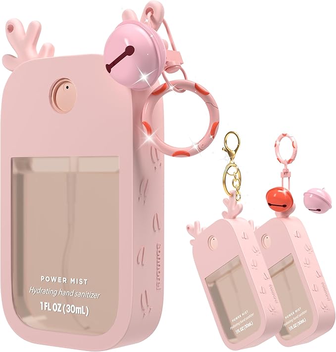 Sonnorel 1 Pack Elk Silicone Case Compatible with Touchland Hand Sanitizer Spray (Fit for 1 FL OZ/30 mL Ver), Portable keychain, Small Bell, Cute Deer Antlers (Pink)