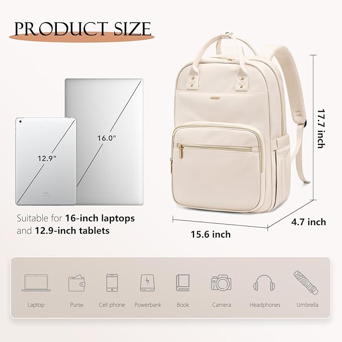 MDODO Laptop Backpack Women,16Inch Teacher Laptop Bag Backpack with Laptop Compartment Waterproof Carry on Daypack Backpack for Work,College,Travel,Trip,Nurse, Beige