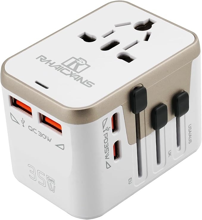 35W Universal Travel Adapter with 4 Ports (2 USB-C & 2 USB-A) – All-in-One Worldwide Power Adapter for US, EU, UK, AU & 200+ Countries – Fast Charging Wall Charger (White)