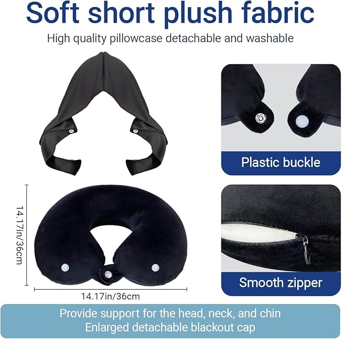 Travel Pillow with Removable Large Hood, Memory Foam Neck Pillow for Airplane, Car, Train Travel Sleeping & Rest, with Soft Cover (Black)