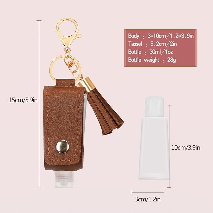 Unaone 1oz/30ml Hand Sanitizer Holder Travel Size, Empty Bottle Leather Sanitizer Holder with Keychain Portable Small Squeeze Bottle Refillable Container for Toiletry Lotion Liquid Soap Shampoo Brown