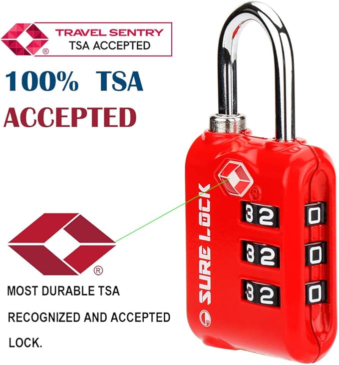 SURE LOCK TSA Approved 3 Digit Luggage Locks With Zinc Alloy Body and Hardened Steel Shackle To Lock Travel Suitcase
