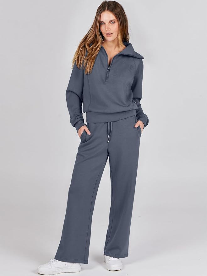 ANRABESS Women 2 Piece Outfits 2025 Fall Fashion Airport Wide Leg Pants Lounge Set Leisure Travel Vacation Clothes Sweatsuits
