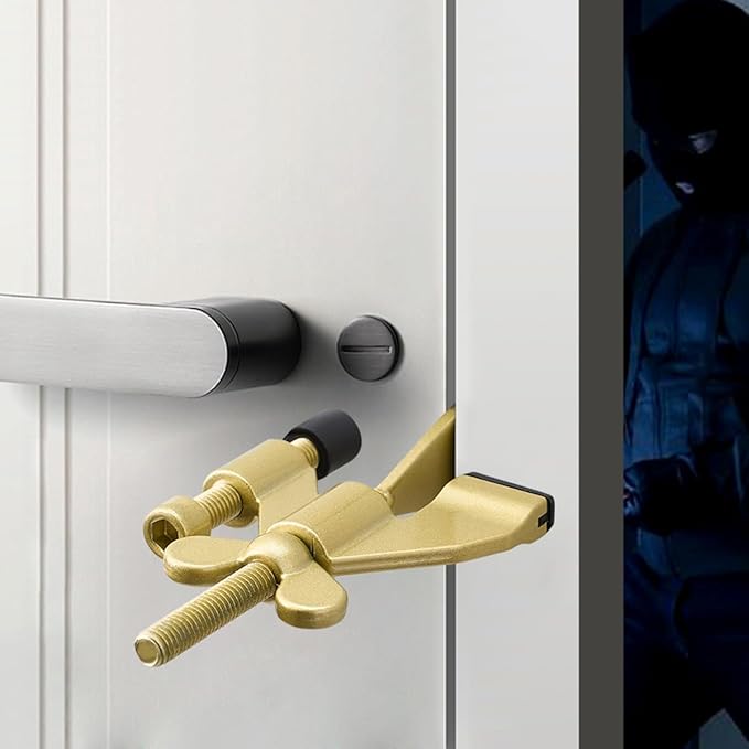 INIRET Gold Adjustable Heavy Duty Portable Door Lock,Security Device for Enhanced Safety,for Home,Travel,Hotels,Apartments Prevents Unauthorized Entry,No Drill,Silicone Protector Caps Included