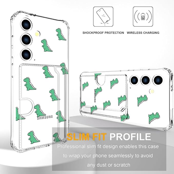 Compatible with Samsung Galaxy S24+ Plus / S25+ Plus Case Card Holder for Women Cute Design,Wallet Phone Cases Transparent Cool Kawaii Protective (Clear Lovely Dinosaurs Animal)