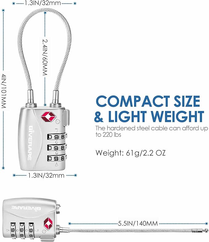 2 Pack TSA Approved Travel Luggage Locks, Long Cable Combination Lock Alloy, Metal Keyless 3-Digit Padlocks, Weatherproof TSA Accepted Padlock for Toolbox Gym Locker Golf Bag Case Backpack-Silver