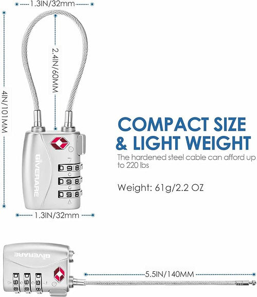 2 Pack TSA Approved Travel Luggage Locks, Long Cable Combination Lock Alloy, Metal Keyless 3-Digit Padlocks, Weatherproof TSA Accepted Padlock for Toolbox Gym Locker Golf Bag Case Backpack-Silver