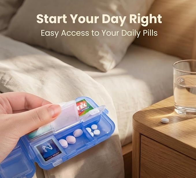 Pill Organizer with Medicine Labels Travel Daily Pill Container Mini Medication Organizer Storage Pill Organizer Travel Essentials Pill Case 7 Day (Grey & 161 Lables)