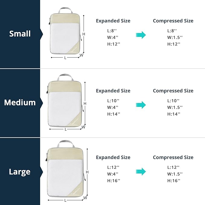 NICOSHOW Compression Packing Cubes 6 Set, Compressible Space-Saving Packing Cubes for Travel - Compression Bags, Luggage Organizer, Travel Essentials for Women, Beige