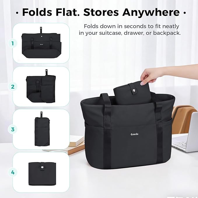 Ceneda Foldable Tote Bag for Women, Lightweight Work Bag with Dual Inner Cup Holders, Daily Handbag for Travel, Gym, Grocery | 40oz Tumbler Holder, Well-organized, Portable, Durable, 21L Large Capacity, Beach/Shopping/Trips, Ideal Gift for Her