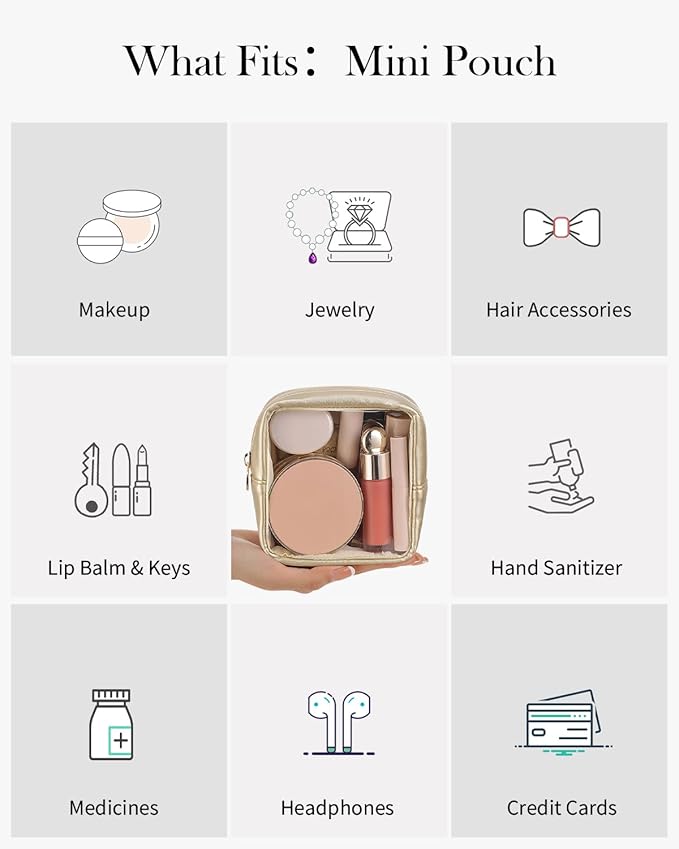 Pocmimut Clear Makeup Bag, Easy to Find Mini Makeup Bag for Purse, Travel Makeup Bag for Car, Compact Cosmetic Pouch for Daily Essentials,Gold