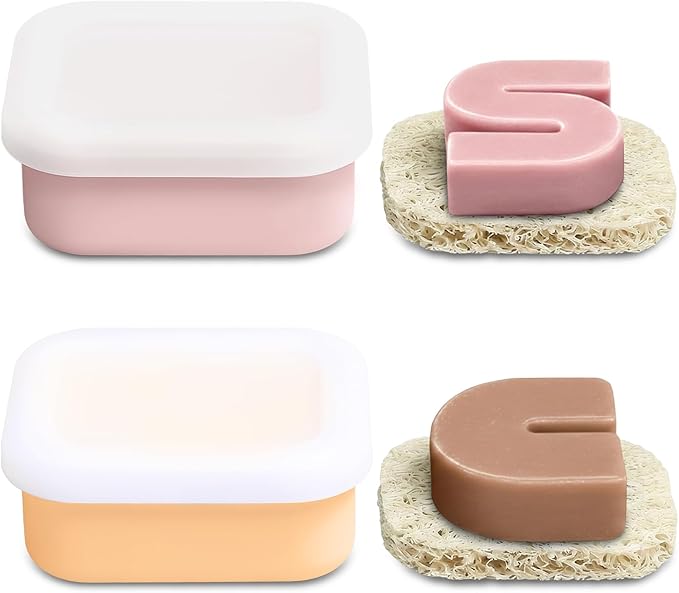 OTHIX 2 Pack Leakproof Silicone Travel Soap Case, Small Bar Soap Holder Container with Drainage Layer & Mini Portable Soap Dish for Shampoo Bars, Bathroom, Camping, Valentines Day Gifts (Pink & Peach)