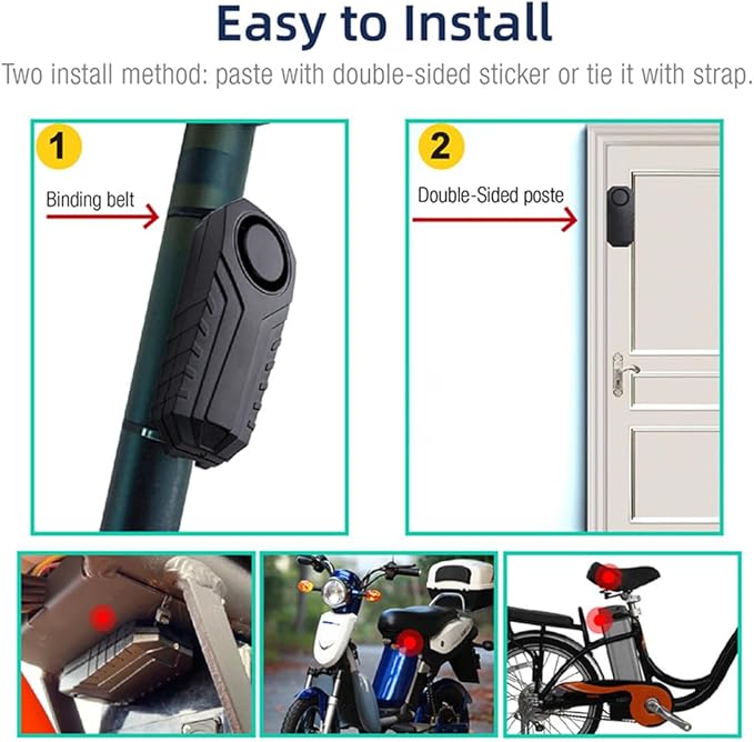 Bike Burglar Alarm Anti Theft, Wireless Motorcycle Vibration Triggered Sensing Alarm Horn with Remote Controller & SOS, Waterproof Door Siren for Bicycle E-Bike Scooter