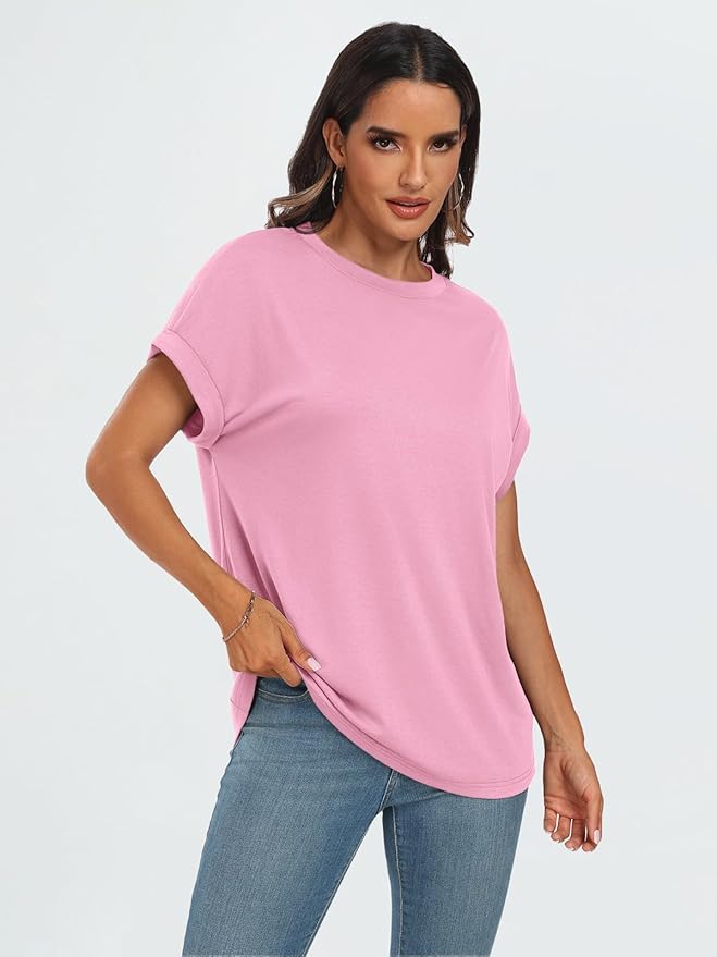 AUTOMET Women's Oversized Short Sleeve T Shirts Casual Drop Shoulder Rolled Cuff Summer Tops for Work, Travel and Lounge