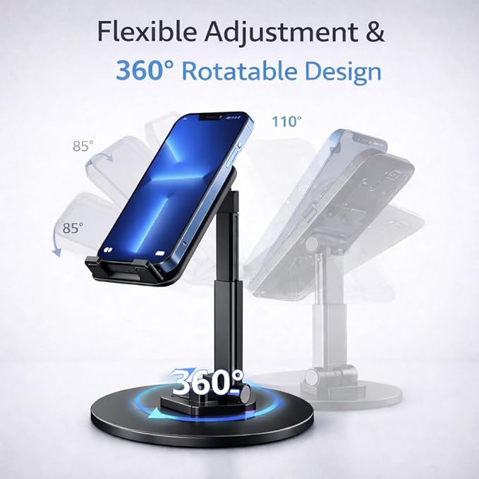 Mizi Portable Cell Phone Stand for Desk - Height & Angle Adjustable Mobile Foldable Holder, Compatible with iPhone 17 16 15 14 13 12 11 Pro Max, Galaxy S25 S24, All 4–10" Devices - Black