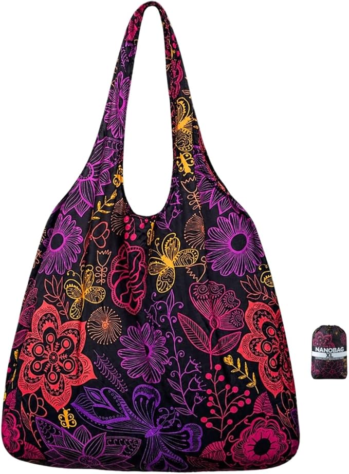 Nanobag Ultralight Heavy Duty Foldable Tote for Women & Men, Reusable Grocery & Travel Bag, Packable Collapsible Compact Market Essential (XL Neon Flowers)