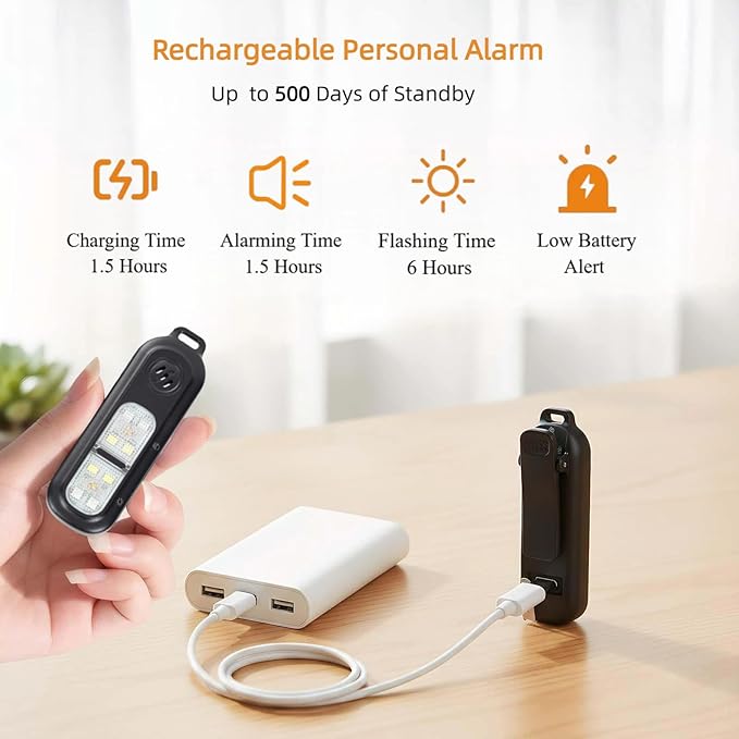 TECKNET Personal Safety Alarm 135dB with SOS Strobe Light for Women - Rechargeable& IPX4 Waterproof Running Lights with Clip On Torch & Low Battery Notice, Safety Siren for Travel Kids, Black