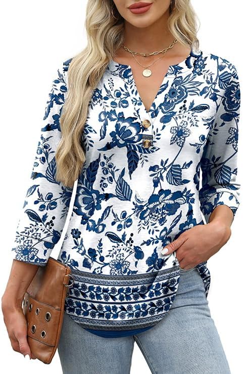 OFEEFAN Womens Tops 3/4 Sleeve Henley Shirts for Women Summer Outfits Fashion Clothing