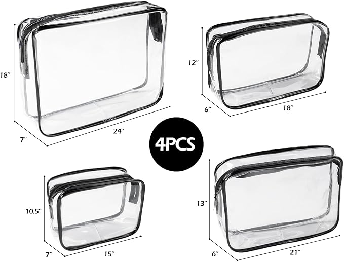 4Pack Black Clear Cosmetic Bags for Women Zipper Pouches Set PVC TSA Approved Toiletry Bag Organizers Packing Cubes