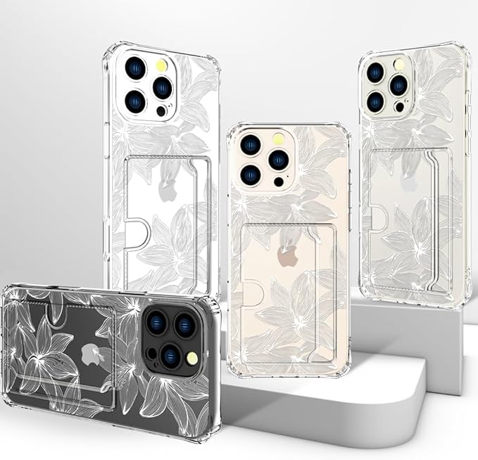 Compatible with iPhone 16 Pro Max Case Card Holder for Women Cute Design,Wallet Phone Cases Transparent Cool Kawaii Protective (Clear Flower White)