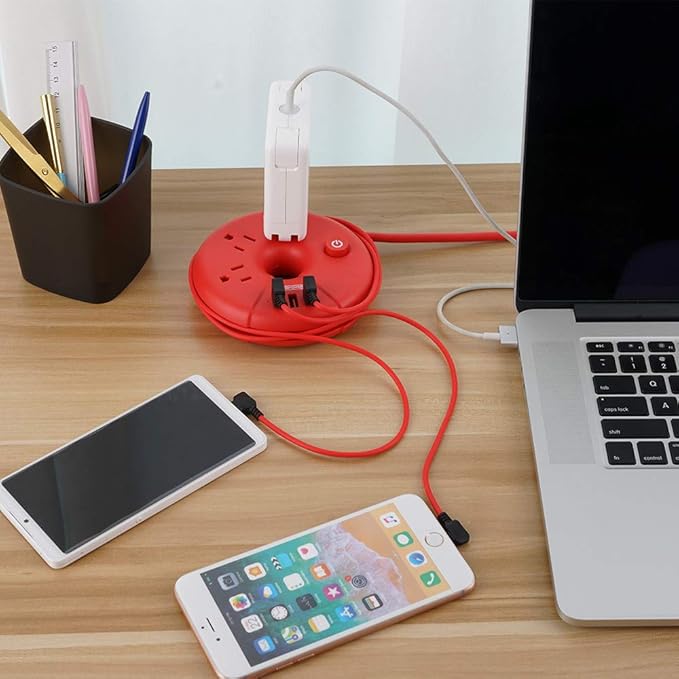 Travel Power Strip, NTONPOWER Desktop Charging Station with 3 Outlets 3 USB Short Wrapped Extension Cord 3ft for Travel, Cruise Ships, Office, Nightstand, Red