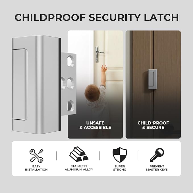 Greatalent 2Pack Home Security Door Reinforcement Lock Childproof, Door Locks for Kids Safety, Door Lock Latch Stopper for Front Door Inside Top of Door, Aluminum Construction Finish