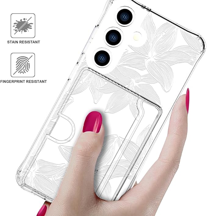 Compatible with Samsung Galaxy S24 / S25 Case Card Holder for Women Cute Design,Wallet Phone Cases Transparent Cool Kawaii Protective (Clear Flower White)