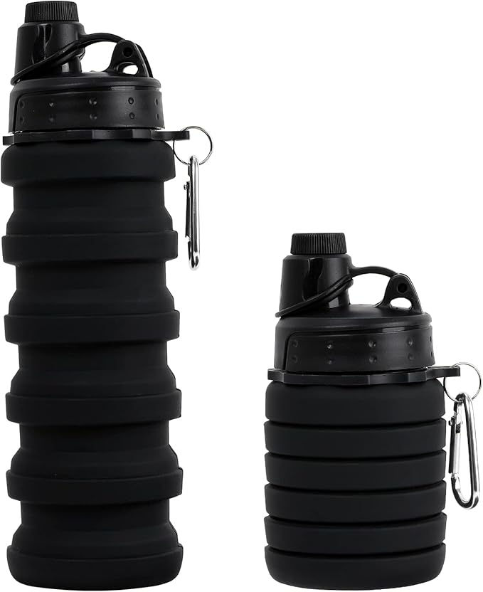 Collapsible Water Bottle for Adults, Boys, Students, Kids, Reusable Silicone Foldable Water Bottles for Travel Camping Hiking, Portable Sports Water Bottle, Black
