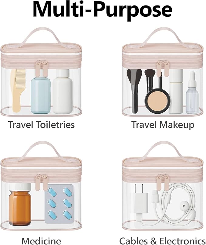 PACKISM TSA Approved Toiletry Bag 2 Pack - Quart Size Clear Makeup Bag with Handle & Dual Metal Zippers, Large Opening 3-1-1 Airline Compliant Security Travel Organizer for Carry On Liquids, Pink
