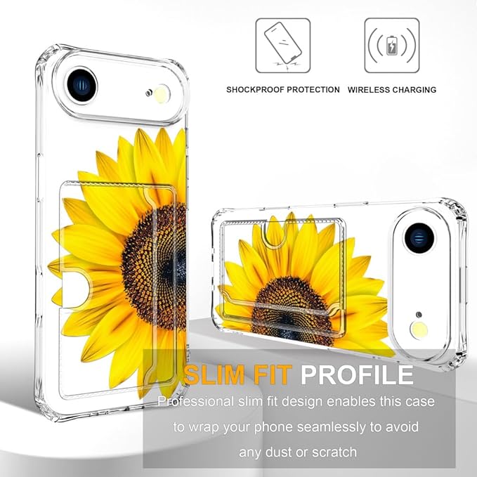 Compatible with iPhone 17 Air Case Card Holder for Women Cute Design,Wallet Phone Cases Transparent Cool Kawaii Protective (Clear Sunflower Sun Flower)