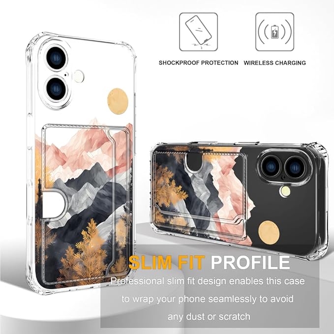 Compatible with iPhone 17 Case Card Holder for Women Cute Design,Wallet Phone Cases Transparent Cool Kawaii Protective (Clear Mountain Hill Landscape)