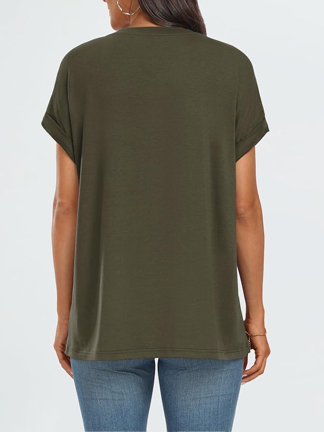 AUTOMET Women's Oversized Short Sleeve T Shirts Casual Drop Shoulder Rolled Cuff Summer Tops for Work, Travel and Lounge