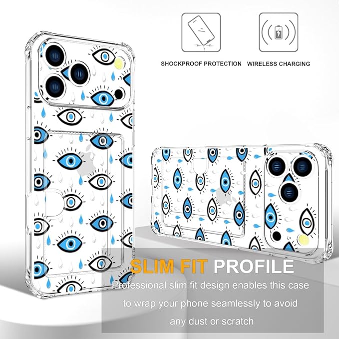 Compatible with iPhone 17 Pro Max Case Card Holder for Women Cute Design,Wallet Phone Cases Transparent Cool Kawaii Protective (Clear Blue Evil Eyes)