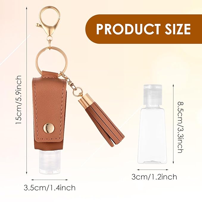 2Pcs Portable Leather Hand Sanitizer Holder, Travel Size Keychain Case Refillable Bottle for Toiletry Lotion Liquid Soap Shampoo (Black, Brown)