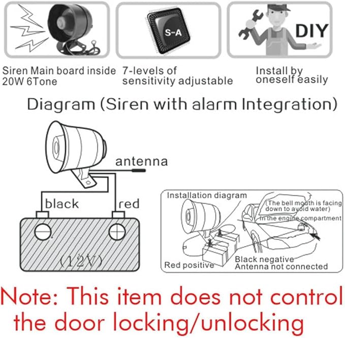 Alarm System for Theft Prevention With Sound, Anti-Theft Security Device With 2 Remote Starts, Universal 12V Loud Horn 120dB 6 Tone 7-Level Sensitivity Car Alarm Siren