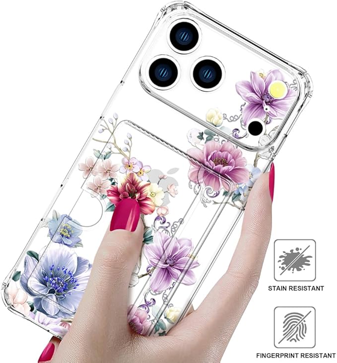 Compatible with iPhone 17 Pro Case Card Holder for Women Cute Design,Wallet Phone Cases Transparent Cool Kawaii Protective (Clear Wonderful Large Flowers)