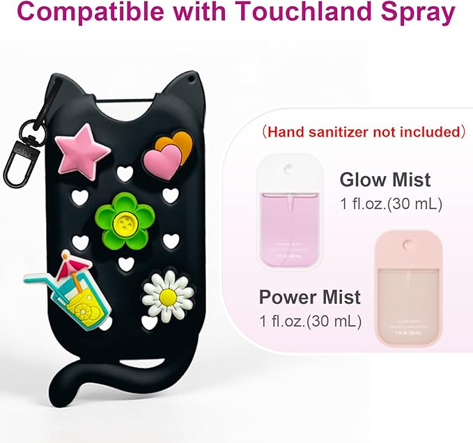 Cat Silicone Case with Keychain & Charms for Touchland Hand Sanitizer Spray, Protective Holder Compatible with Power Mist & Glow Mist 1 FL Oz/30ML