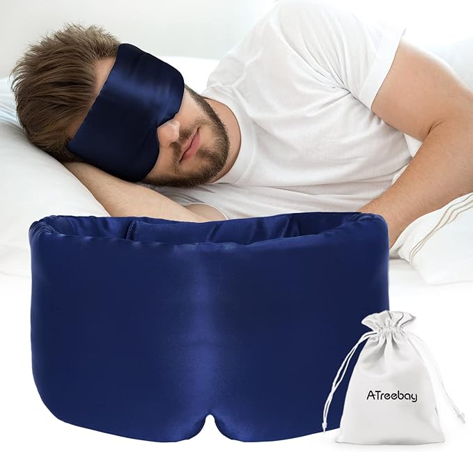 Silk Sleep Mask for Women Men Satin, ATreebag Eye Sleeping Mask & Blindfold with Adjustable Strap, Large Size, 1 PC Navy Blue