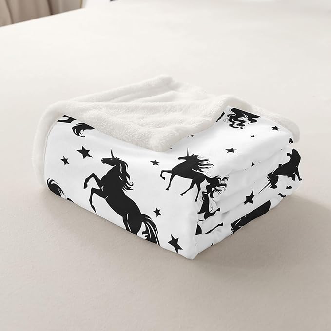 Cartoon Unicorn Kids Throw Blanket,Starry Sky Galaxy Romantic Bed Blanket for Girls Boys Adults,Cute Animals Simple Fleece Blanket,Black White Chic Fuzzy Blanket,Queen Size (90 x 90 Inches)