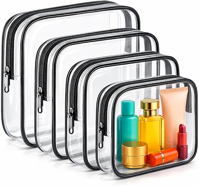 Clear Makeup Bag 4 Pack, TSA Approved Toiletry Bag for Women, Waterproof PVC Cosmetic Pouch Travel Organizer, Clear Bags for Diaper Bag Organizer Purse, Portable Zipper Pouch Set (L+M+M+S)