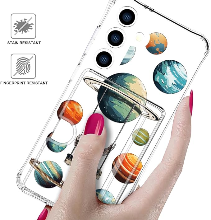 Compatible with Samsung Galaxy S24 / S25 Case Card Holder for Women Cute Design,Wallet Phone Cases Transparent Cool Kawaii Protective (Clear Astronaut Space Planets)