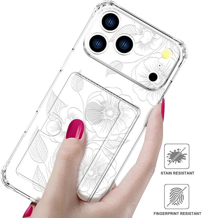 Compatible with iPhone 17 Pro Max Case Card Holder for Women Cute Design,Wallet Phone Cases Transparent Cool Kawaii Protective (Clear Seamless Abstract Flower)