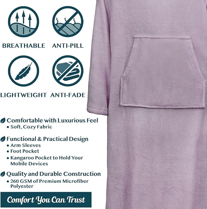 PAVILIA Fleece Blanket with Sleeves, Foot Pockets for Women Men Adults, Plush Wearable Blanket Throw Wrap, Warm Snuggle Blanket Robe, Cozy Gift Ideas for Wife Mom, Light Purple