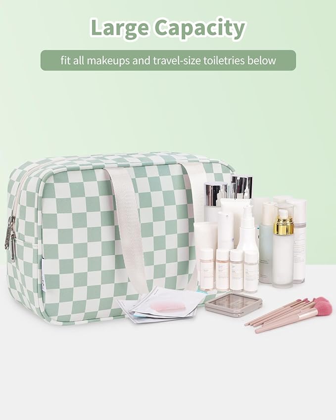 Narwey Large Capacity Travel Toiletry Bag Women, Checkered Makeup Bag with Handle, Portable Make up Cosmetic bag Organizer, Travel Bag for Toiletries, Skincare, Medicine, Essentials (Green Checker)
