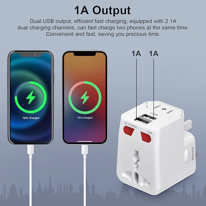 Travel Plug Adapter with 2 USB A,Universal All in One Worldwide Travel Adapter,Detachable and Portable Power converters,AC Power Plug Adapter,International Power Adapter for USA EU UK AUS White